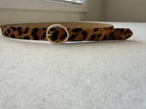 Talbots Leopard Print Calf Hair Belt Size L Gold Round Buckle Genuine Leather